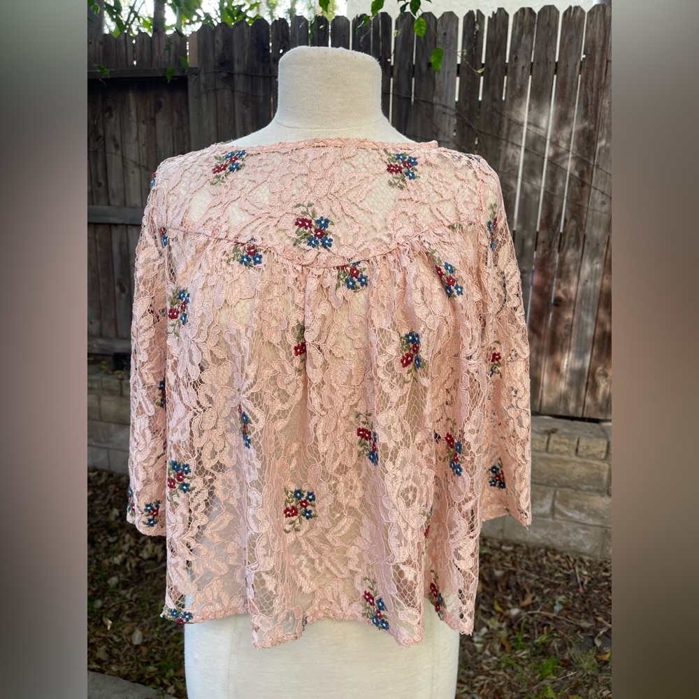 Zara Pink Lace Blouse Floral Embroidery Romantic Victorian boho whimsical large